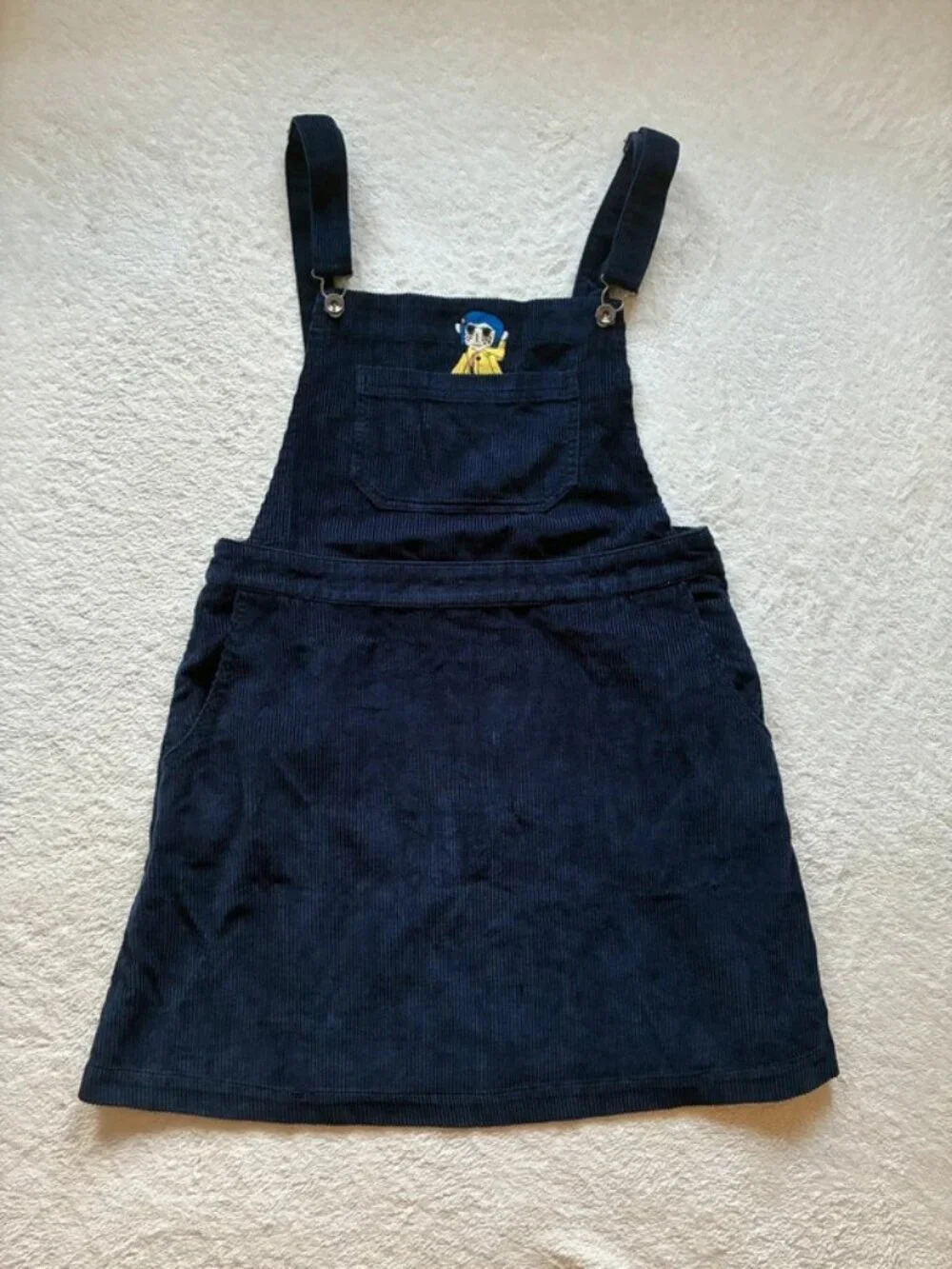 Coraline Corduroy Pinafore Dress Navy Embroidered Detail USL